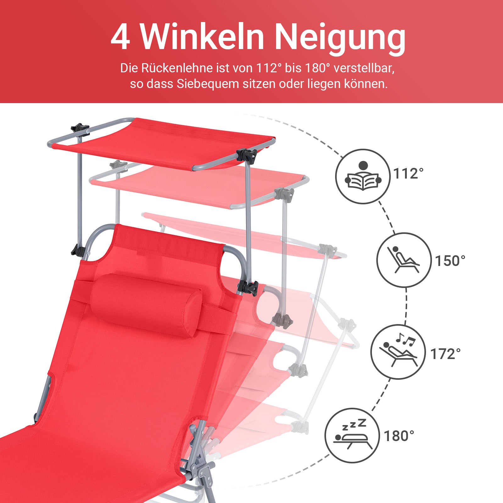 SoBuy | Lettino prendisole con tettuccio parasole | Sedia a sdraio per giardini, cortili, spiagge | Rosso | OGS48-R