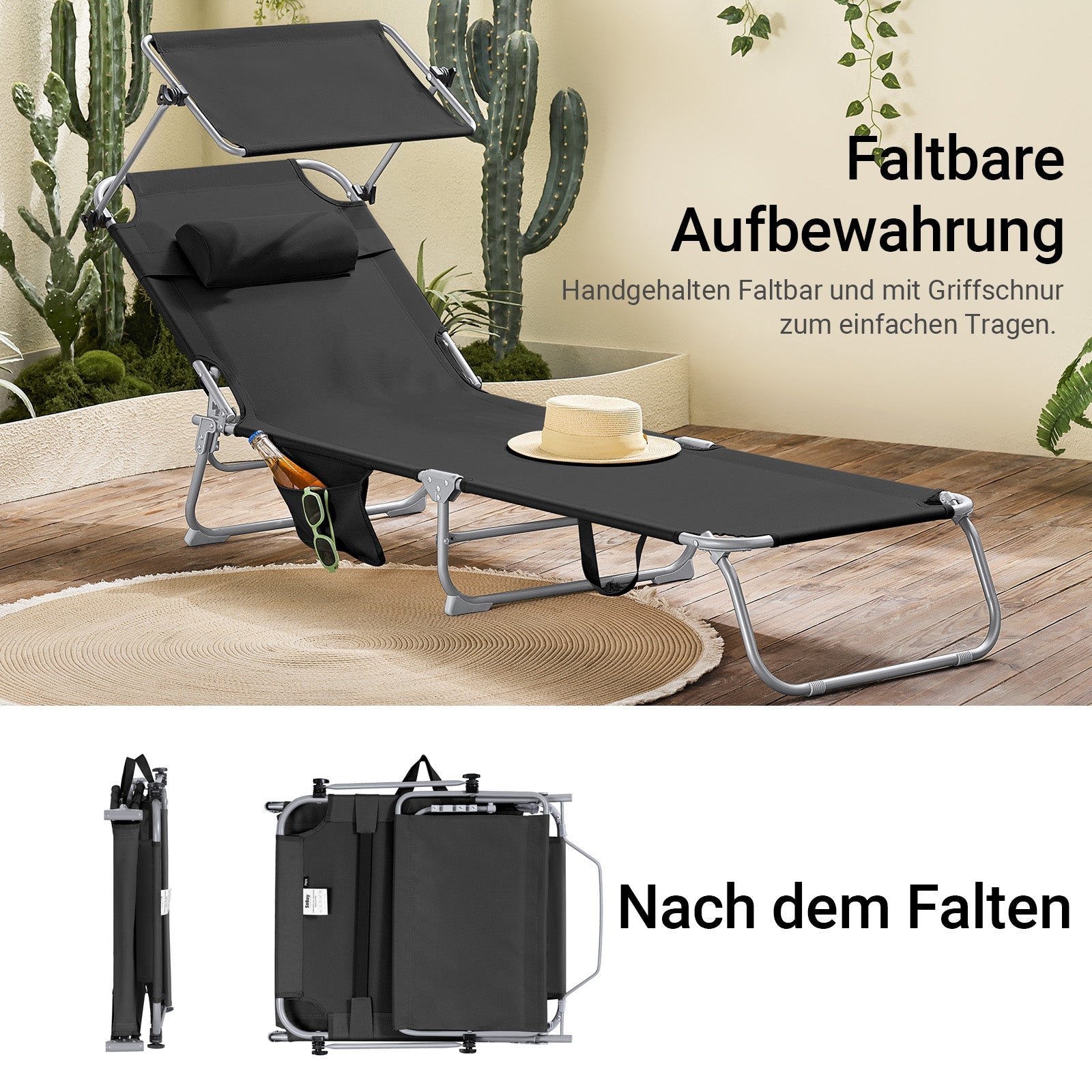 SoBuy | Sdraio con tettuccio parasole | Sedia a sdraio per giardini, cortili, spiagge | Nero | OGS48-SCH