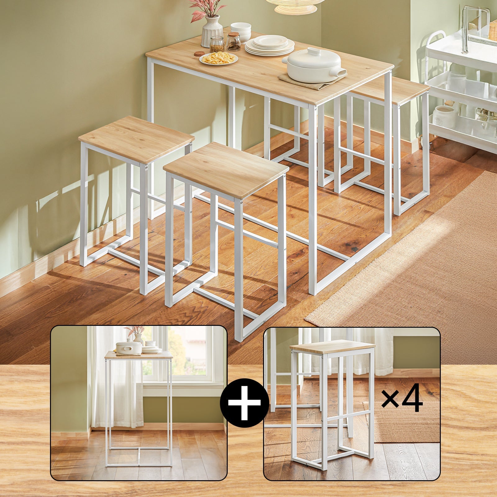 SoBuy | Tavolo da Bar con 4 Sgabelli | Set Tavolo da Bar | Tavolo Alto | 5 Pezzi | Bianco-Naturale | OGT15-WN