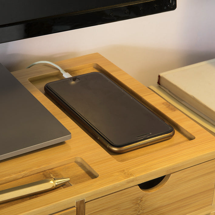 Vorverkauf | SoBuy | Monitorerhöhung | Monitorständer mit 3 Schubladen | Bambus | BBF03-N