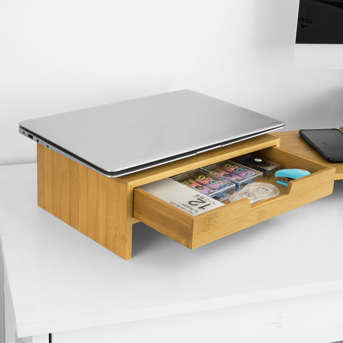 SoBuy | Design Monitorerhöhung für 2 Monitore | Monitorständer mit 2 Schubladen | Bambus | BBF04-N
