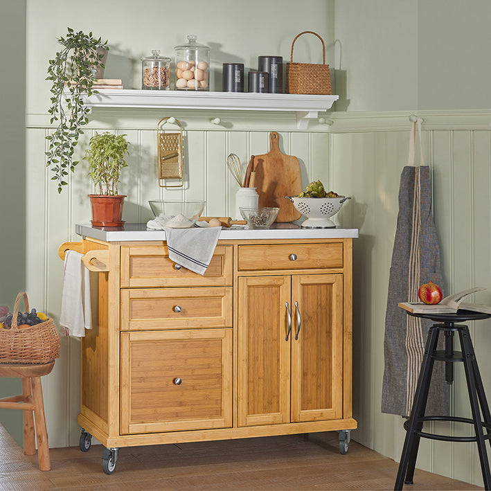 SoBuy | Îlot de cuisine | Desserte de cuisine avec plan de travail en acier inoxydable | Meuble de cuisine en bambou | FKW70-N