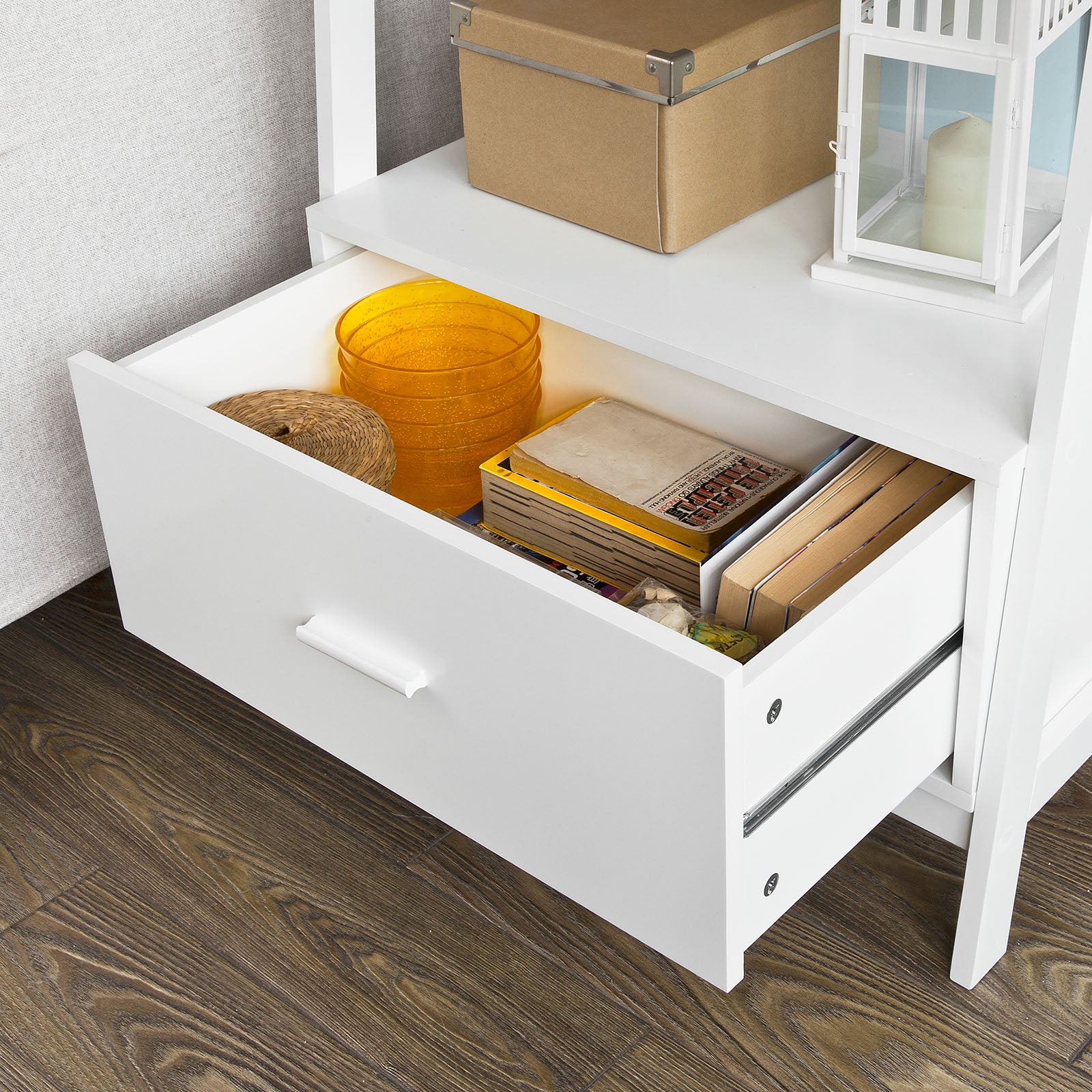 Vorverkauf | SoBuy | Leiterregal Weiß | Bücherregal mit Schubladen | Standregal Holz | FRG116-W