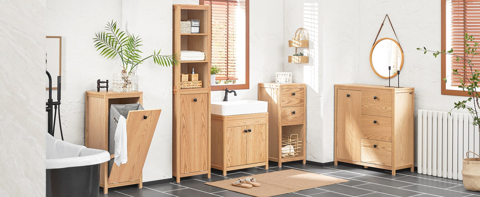 SoBuy | Mobile bagno stretto con sacco portabiancheria | Colonna bagno | Scaffale bagno | Naturale | BZR95-N