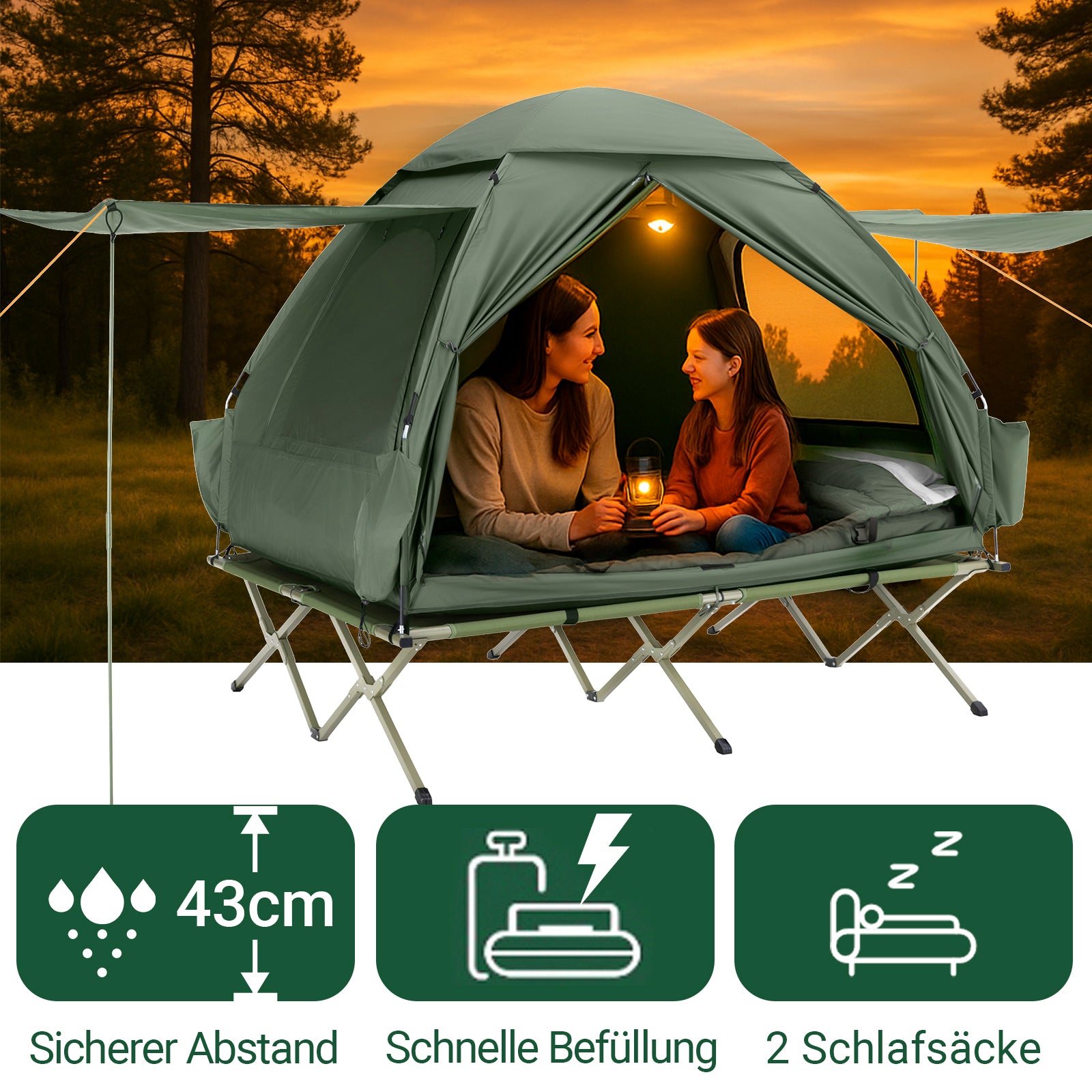 SoBuy 7in1 Zelt Campingzelt 2 Personen Outdoor Feldbett Grün 193x188x145cm OGS32-L-GR