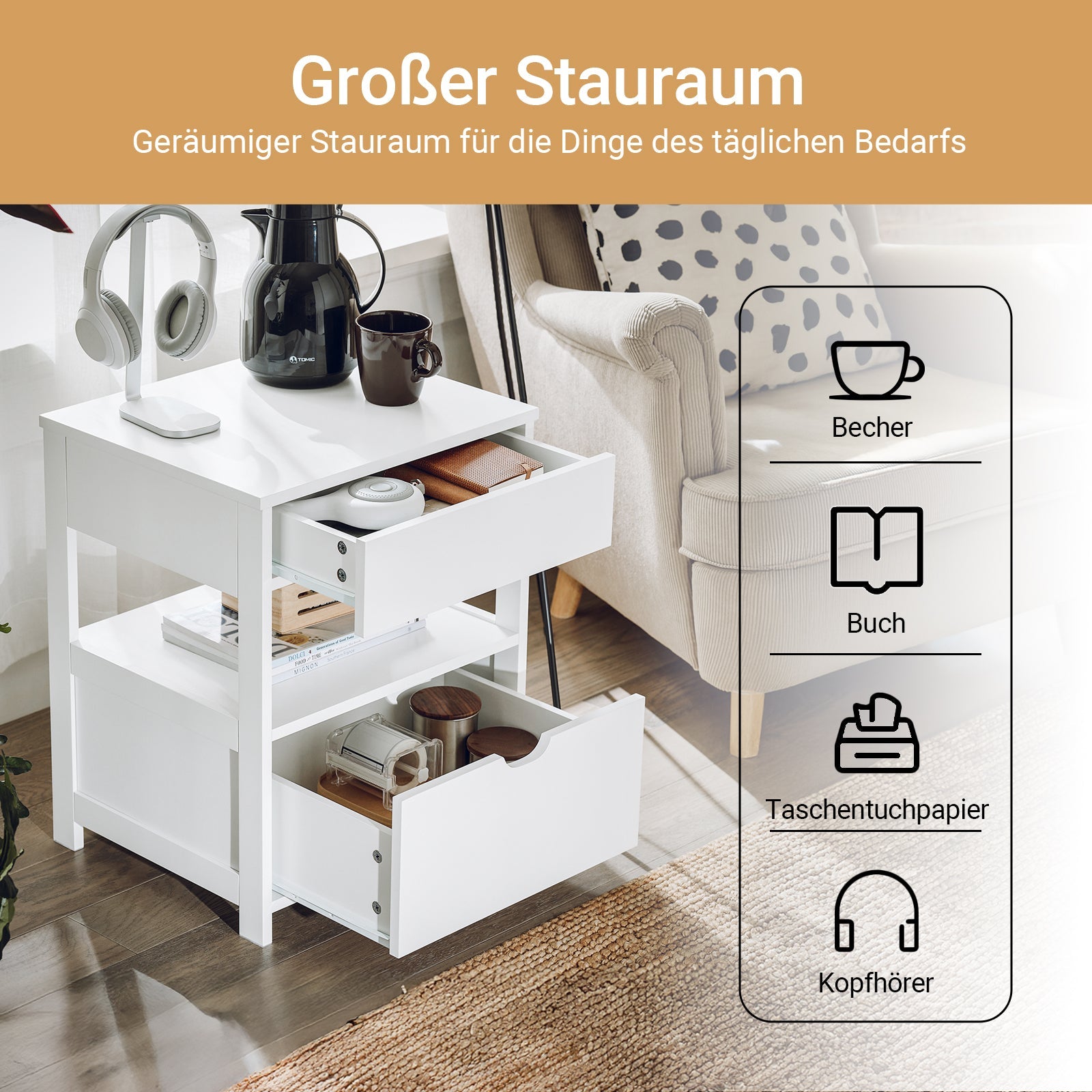SoBuy Tavolino Comodino con 2 Cassetti Bianco 45x55x38cm FRG258-II-W