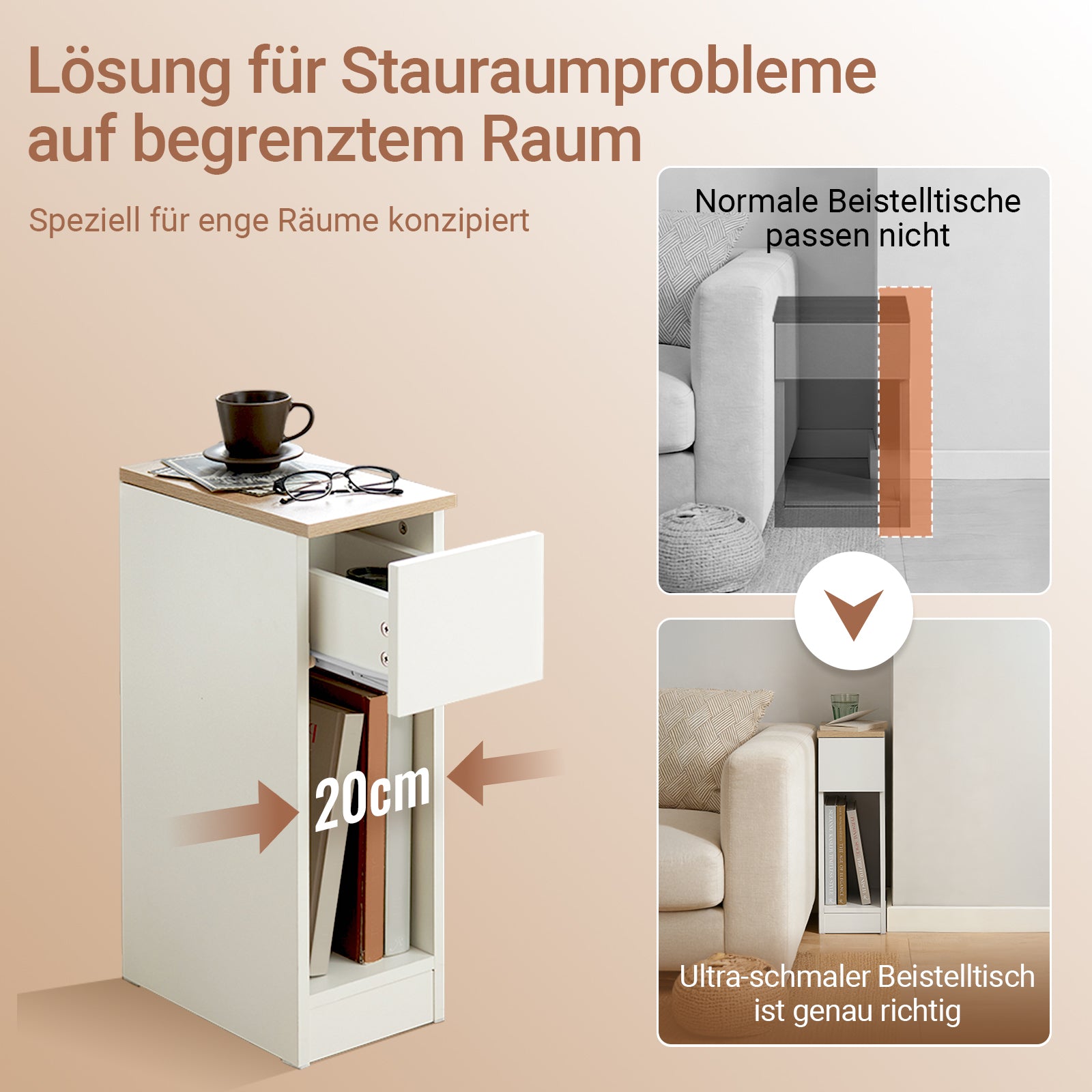 SoBuy Nachttisch schmal Beistelltisch mit Schublade Weiß 20x60x35cm FBT111-WN