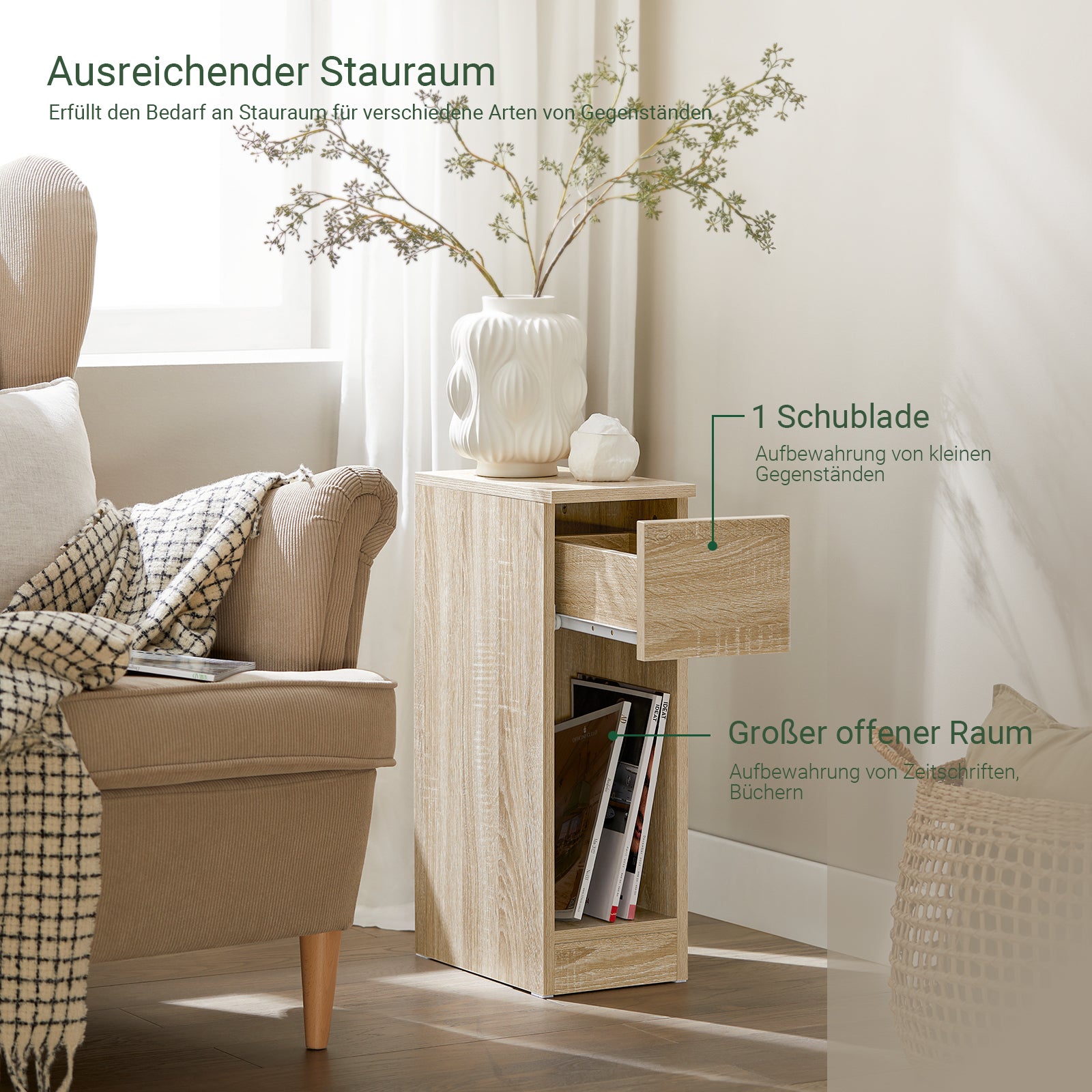 Précommande | Table de chevet étroite SoBuy | avec tiroir, finition naturelle | 20 x 60 x 35 cm | FBT111-N