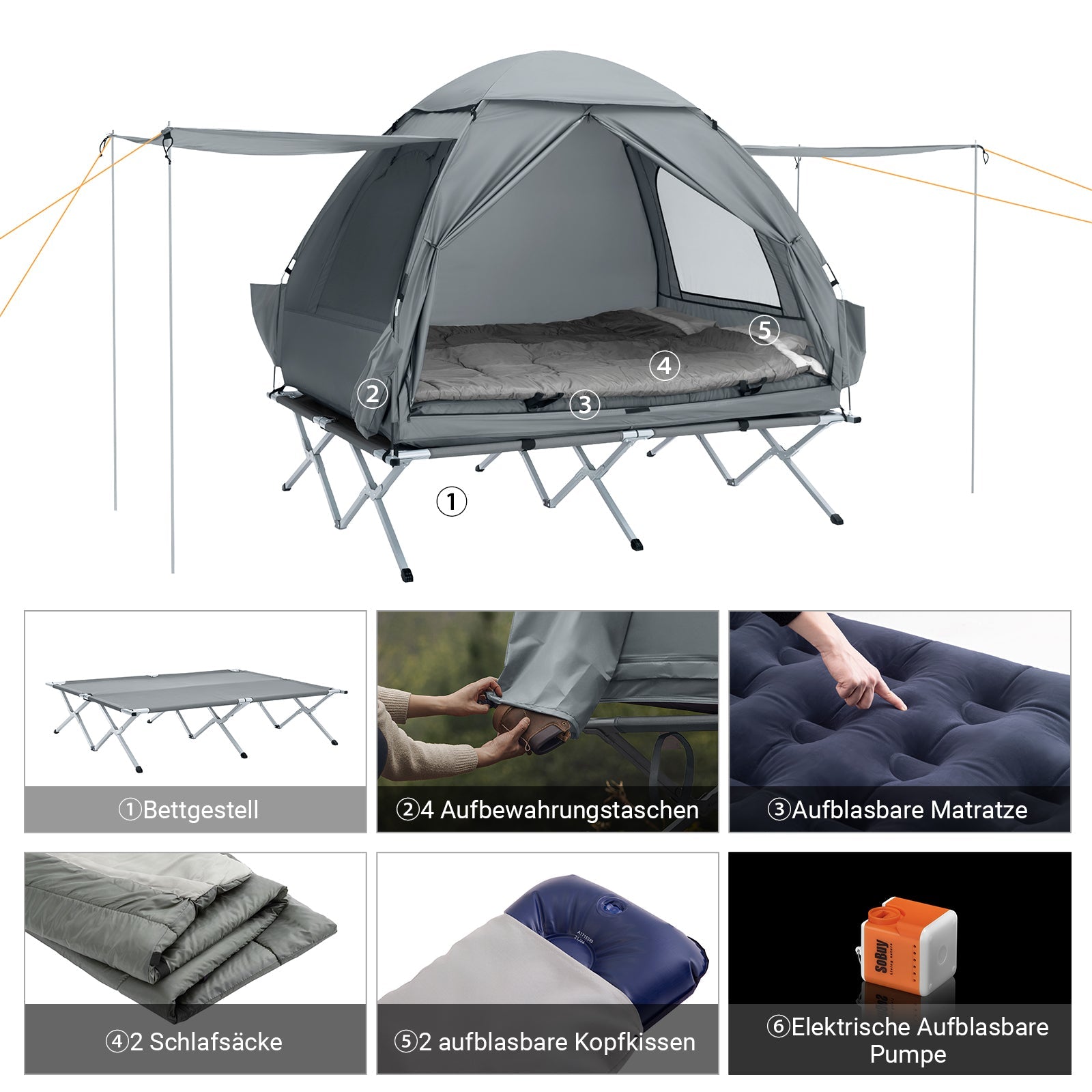 SoBuy | Tenda da campeggio 7in1 | 2 persone | Outdoor | Brandina Grigio Chiaro | 193x188x145cm | OGS32-L-HG