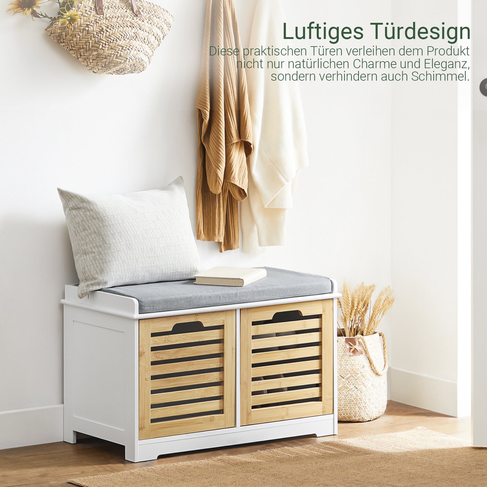 Prévente | SoBuy | Banc à chaussures avec assise | Coffre de rangement à 2 portes | Boîte à chaussures | Blanc naturel | FSR23-II-WN