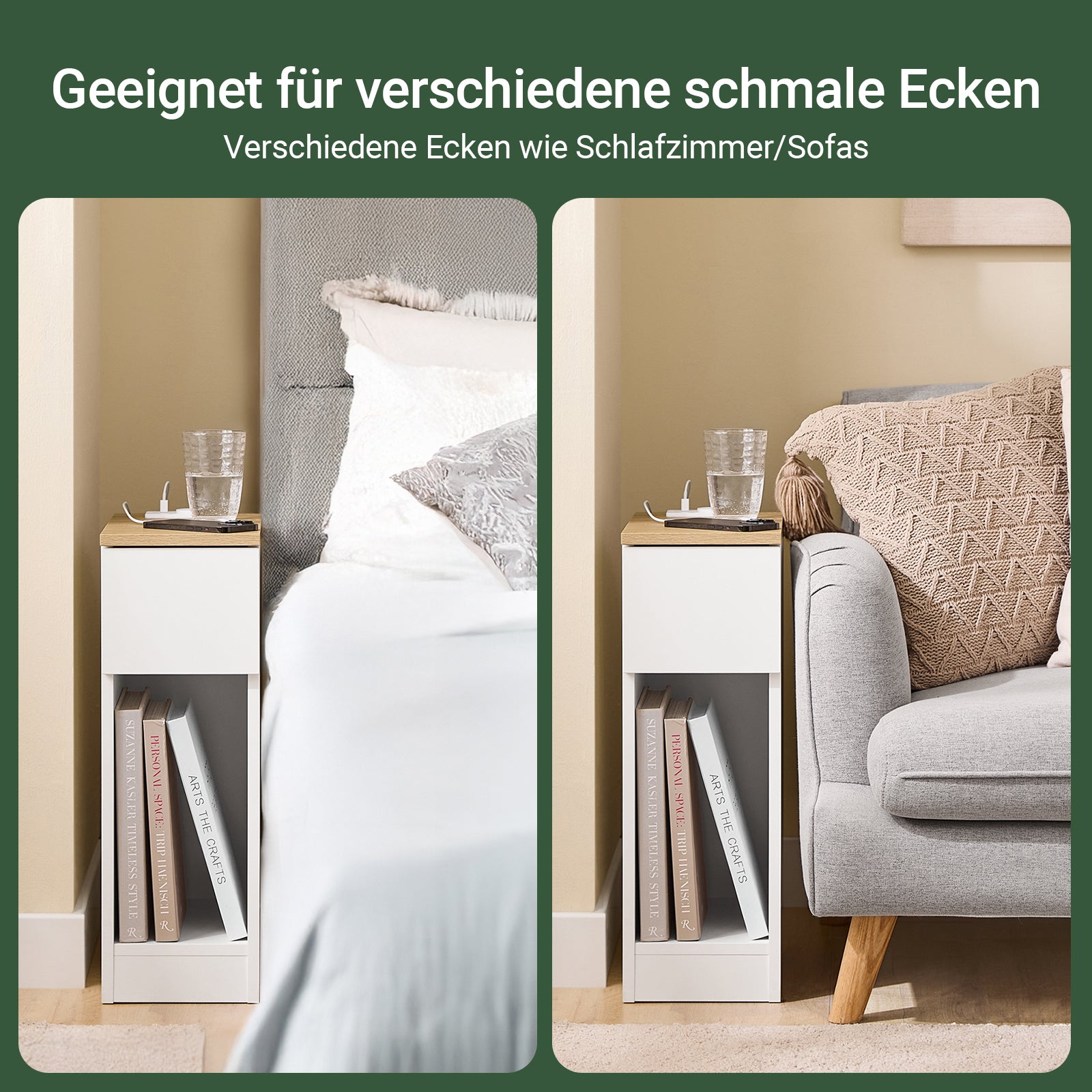Vorverkauf | SoBuy | 2er Set Nachttisch schmal Nachtschrank mit Ladestation | Weiß-Natur | 20x60x35cm | FBT111-E-WNx2