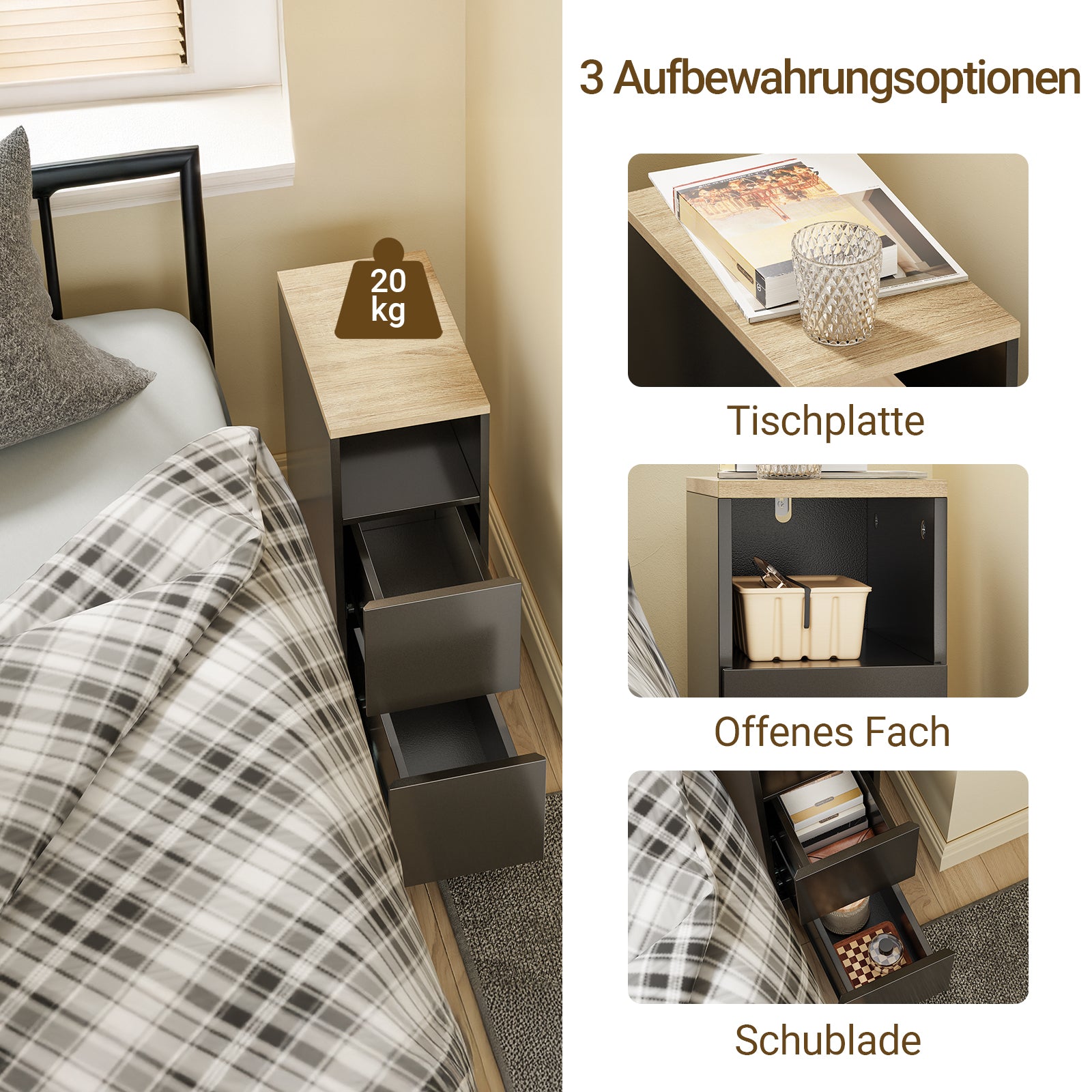 SoBuy Nachttisch schmal 20cm breit mit 2 Schubladen | Beistelltisch Schwarz 60x35cm FBT149-SCH