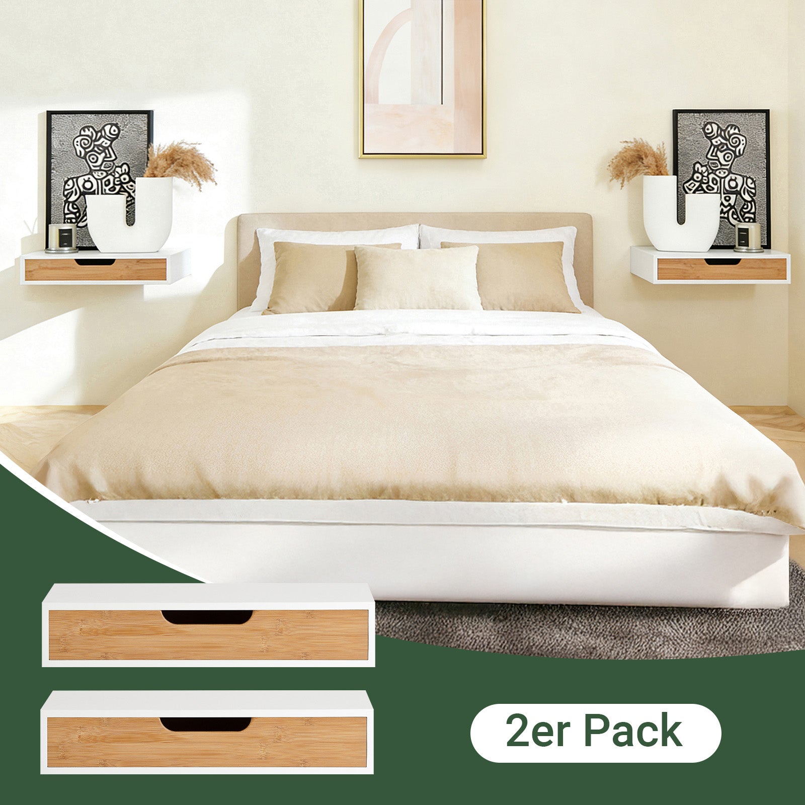 Prévente | SoBuy | Lot de 2 étagères flottantes blanches | Tiroir suspendu | Tiroir mural en bambou | FRG92-WNx2