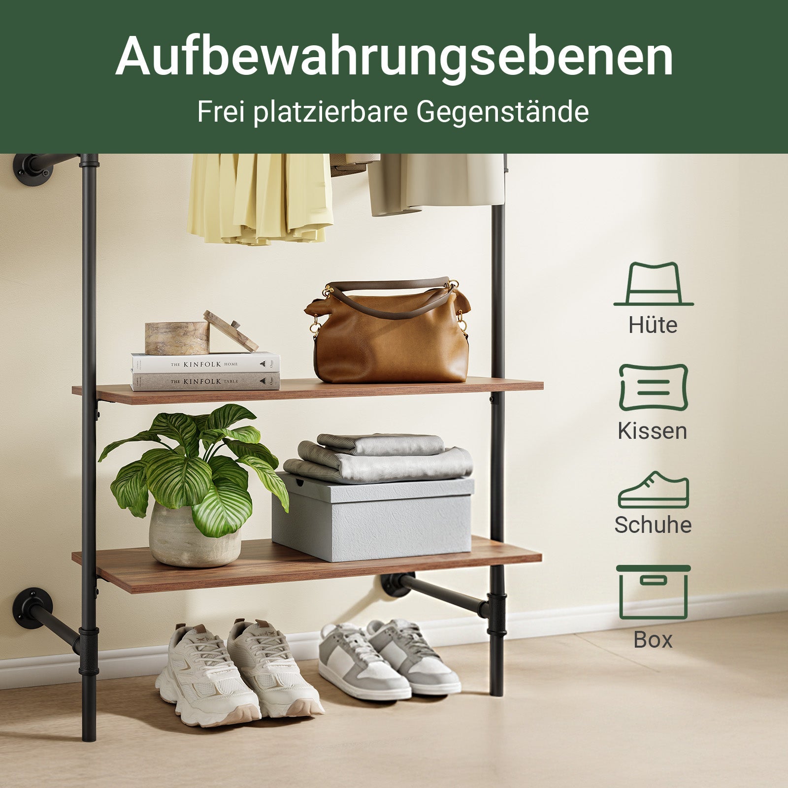 SoBuy Kleiderstange Wandmontage mit 2 MDF Regalböden 45kg Tragkraft  Schwarz KLS20-SCH