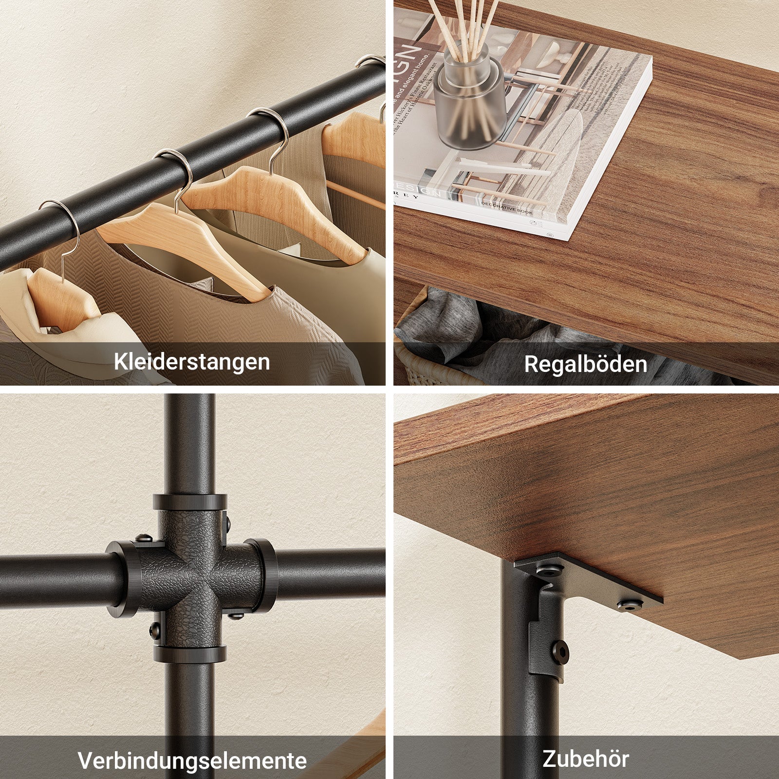 SoBuy Kleiderstange Wandmontage mit 4 MDF Regalböden 120kg Tragkraft  Schwarz KLS19-SCH
