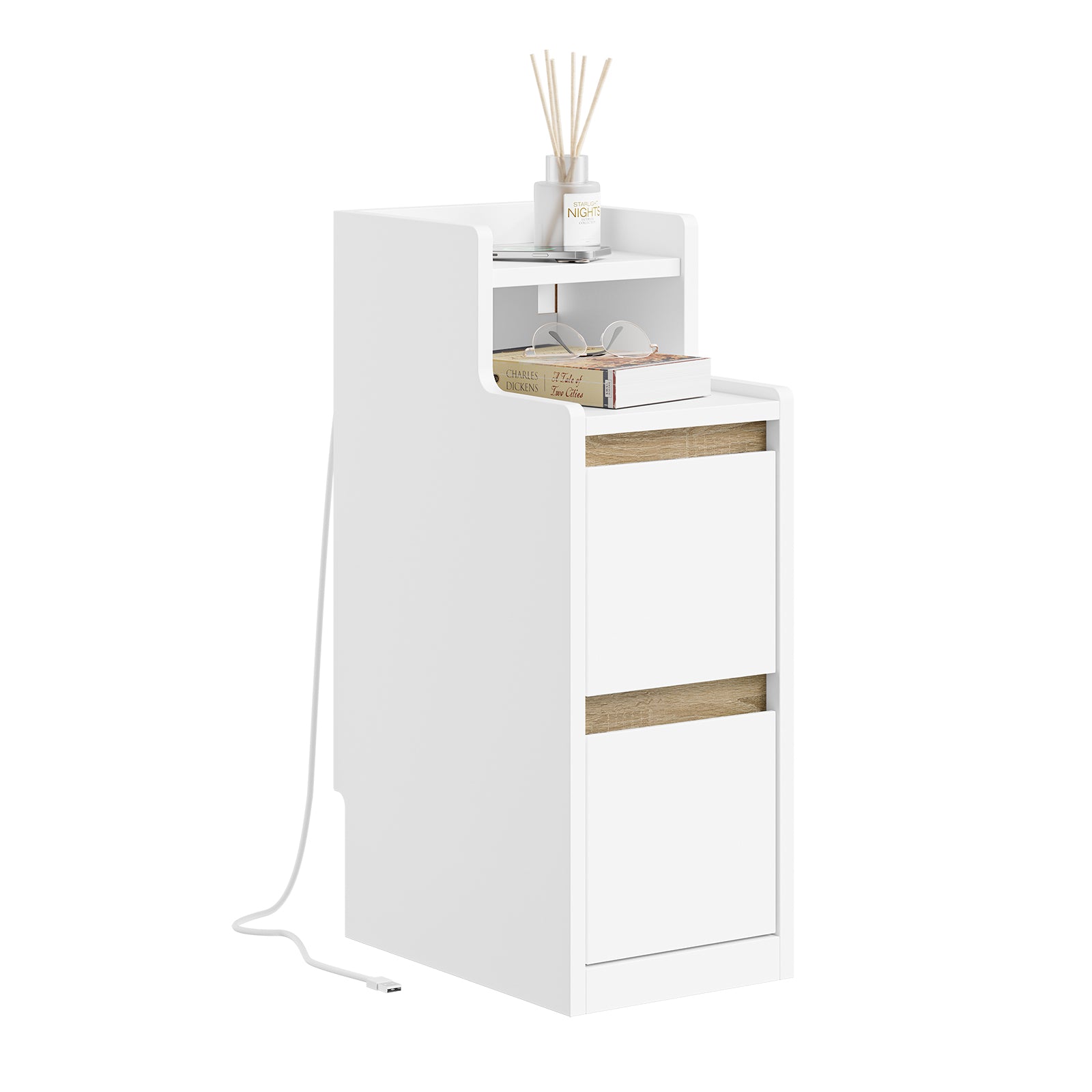 SoBuy Nachttisch schmal mit Mehrfachsteckdosen | Weiß-Natur 22x60x34cm | FBT178-E-WN