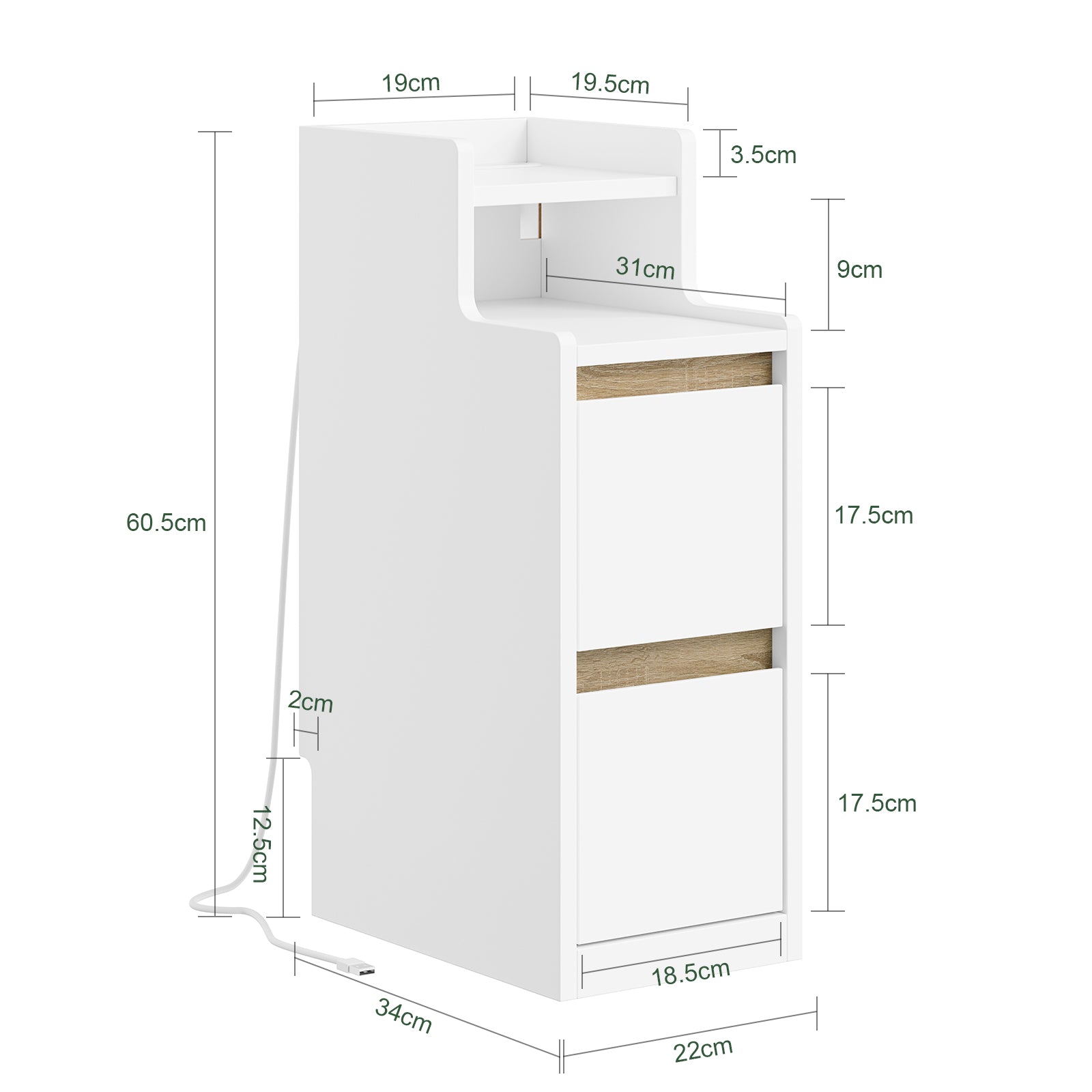 SoBuy Nachttisch schmal mit Mehrfachsteckdosen | Weiß-Natur 22x60x34cm | FBT178-E-WN