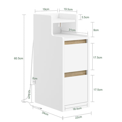 SoBuy Nachttisch schmal mit Mehrfachsteckdosen | Weiß-Natur 22x60x34cm | FBT178-E-WN