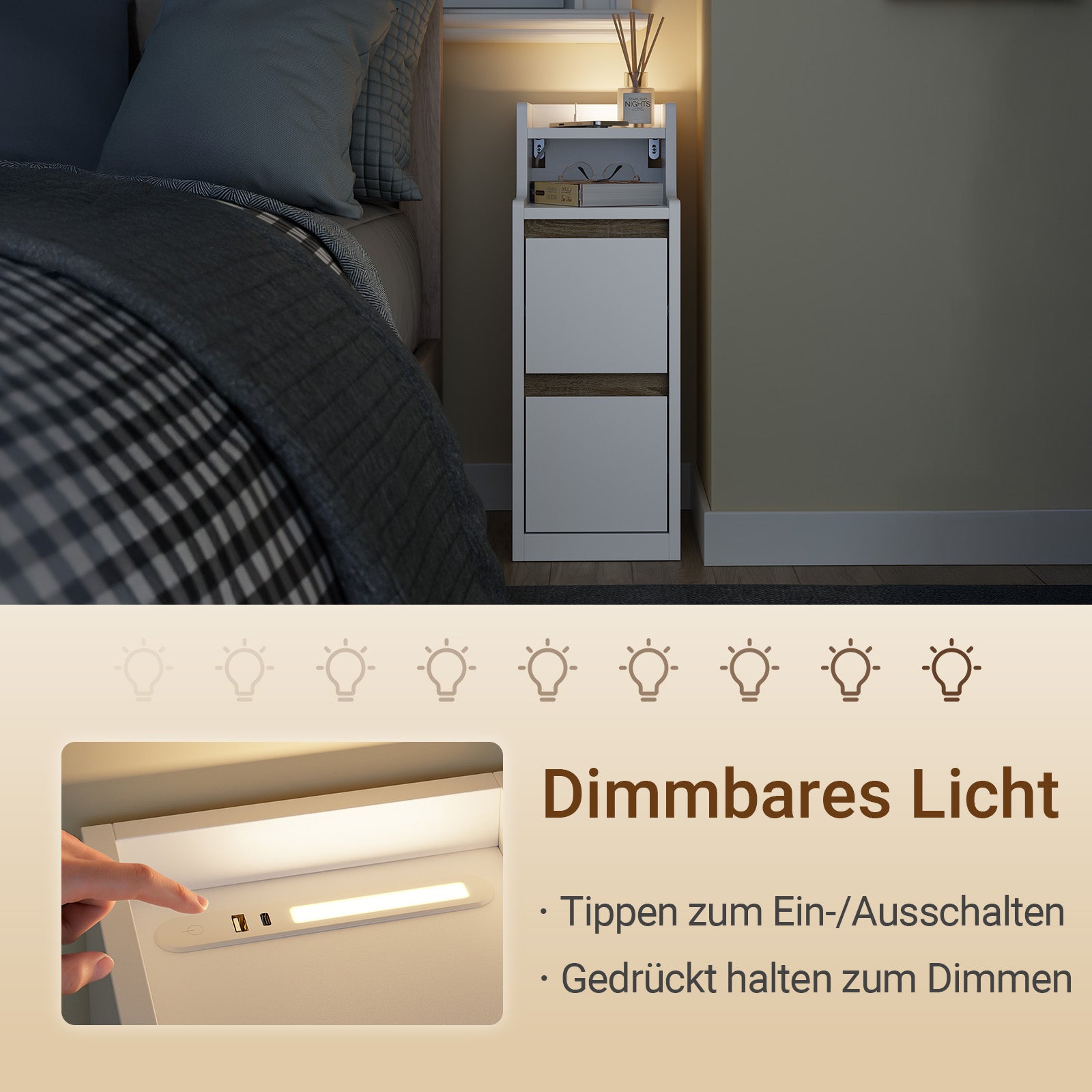 SoBuy Nachttisch schmal mit Mehrfachsteckdosen | Weiß-Natur 22x60x34cm | FBT178-E-WN