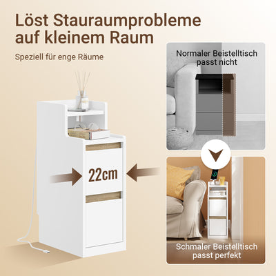 SoBuy Nachttisch schmal mit Mehrfachsteckdosen | Weiß-Natur 22x60x34cm | FBT178-E-WN