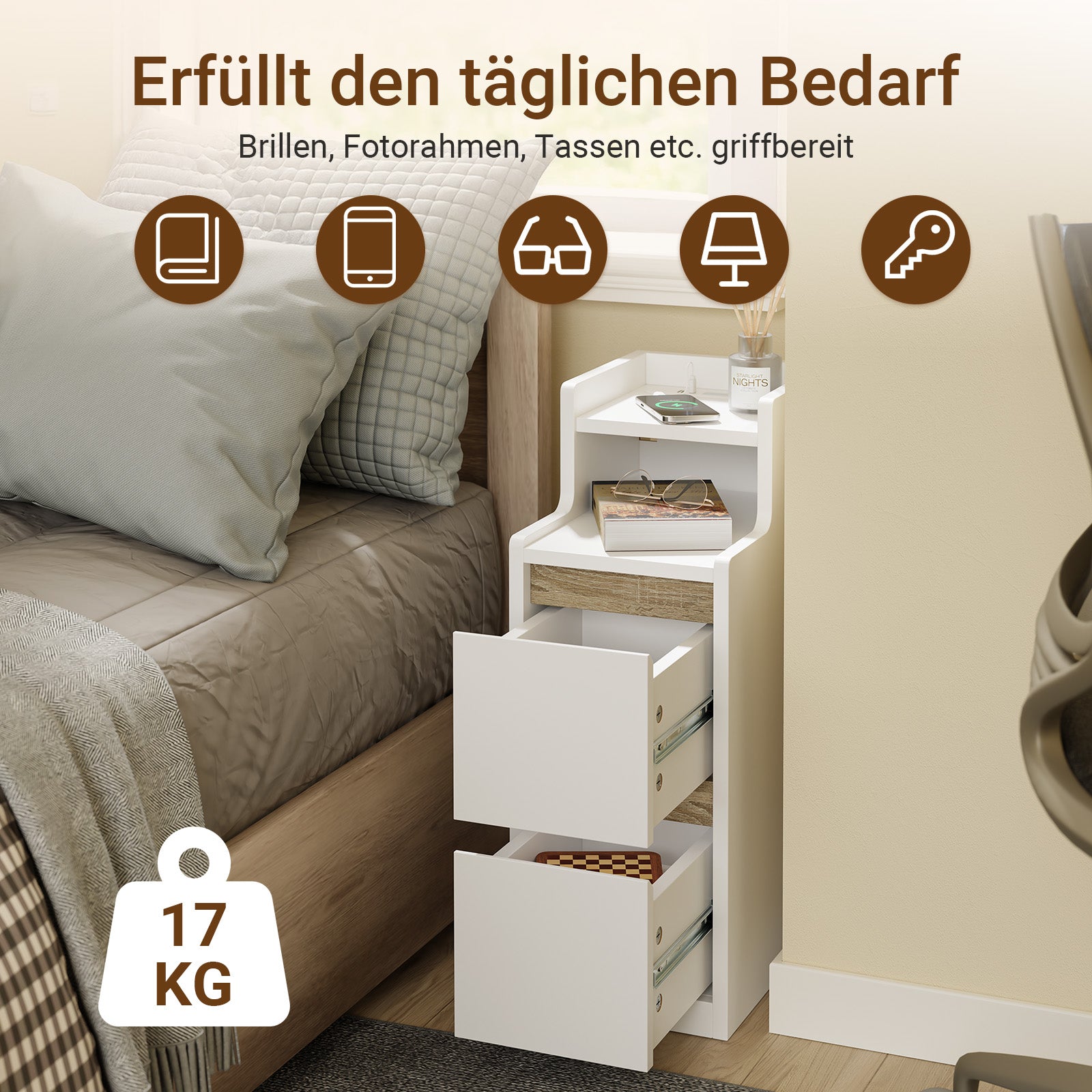 SoBuy Nachttisch schmal mit Mehrfachsteckdosen | Weiß-Natur 22x60x34cm | FBT178-E-WN