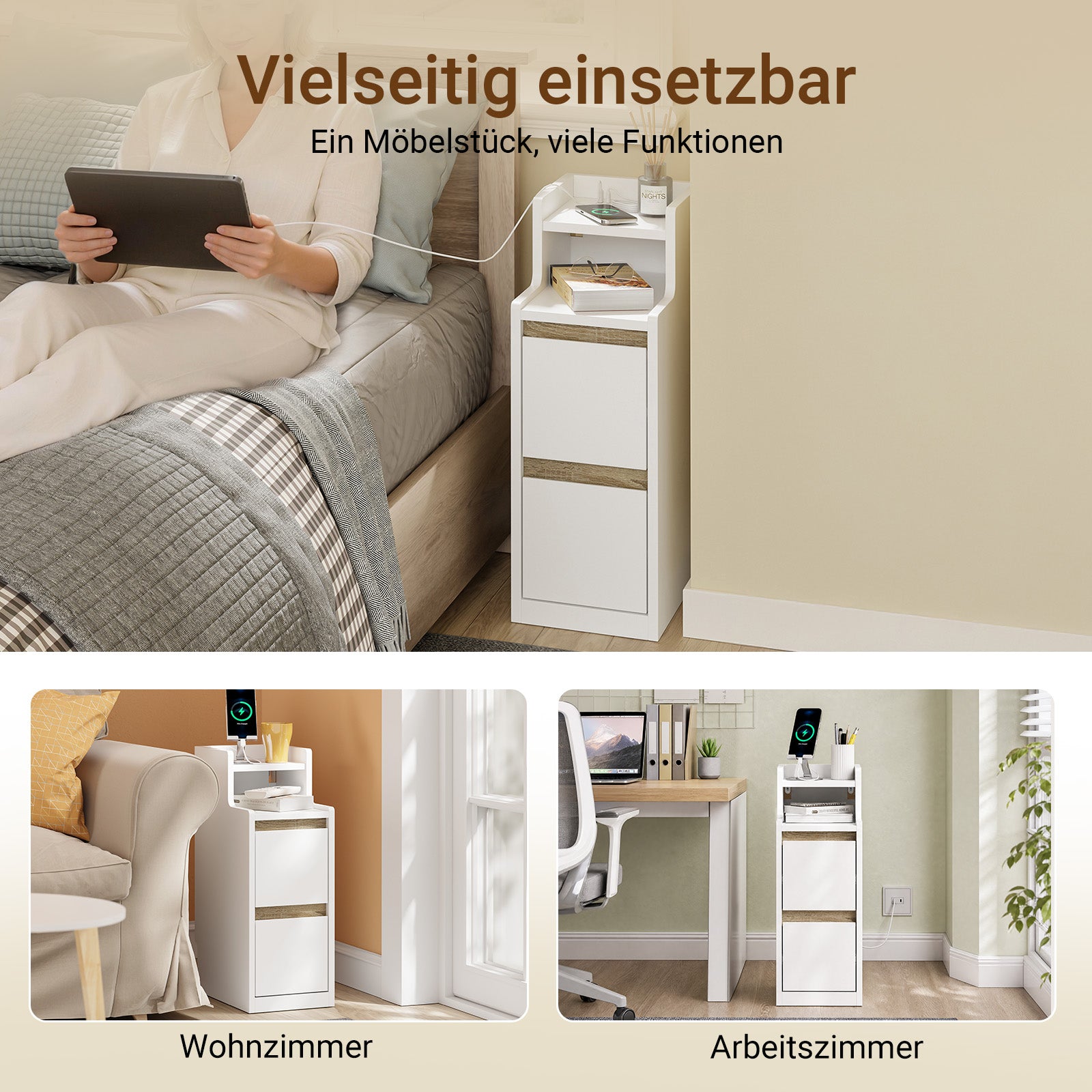 SoBuy Nachttisch schmal mit Mehrfachsteckdosen | Weiß-Natur 22x60x34cm | FBT178-E-WN
