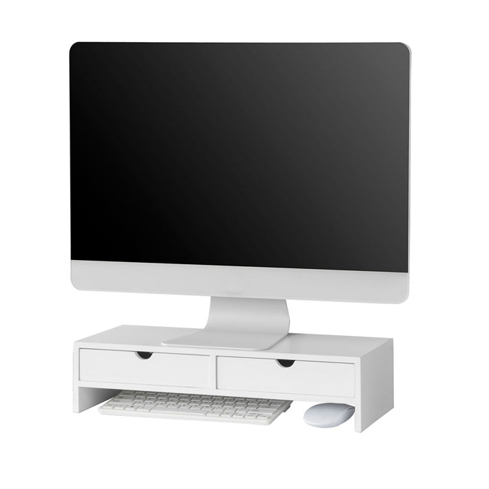 SoBuy | Supporto per monitor rialzato | Supporto per monitor con cassetti | Bianco | BBF02-W