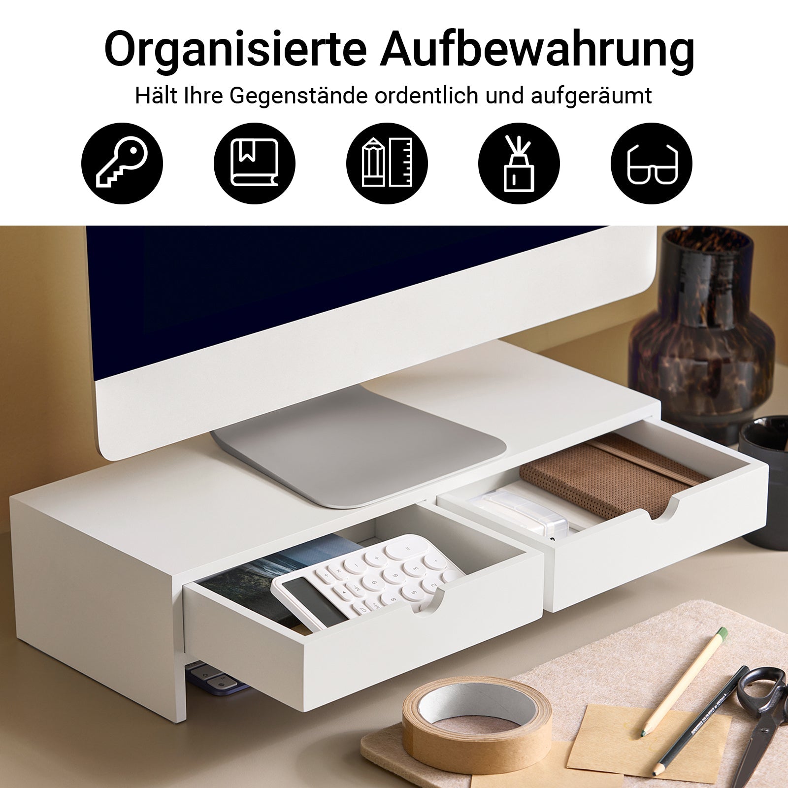 SoBuy | Supporto per monitor rialzato | Supporto per monitor con cassetti | Bianco | BBF02-W
