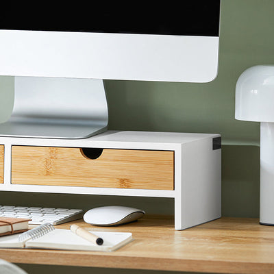 SoBuy | Support écran | Support de moniteur avec tiroirs | Blanc-Naturel | BBF02-WN