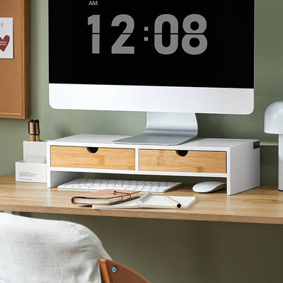 SoBuy | Support écran | Support de moniteur avec tiroirs | Blanc-Naturel | BBF02-WN