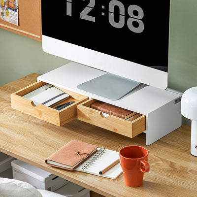 SoBuy | Support écran | Support de moniteur avec tiroirs | Blanc-Naturel | BBF02-WN