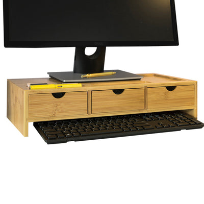 SoBuy | Rialzo per monitor | Supporto per monitor con 3 cassetti | Bambù | BBF03-N