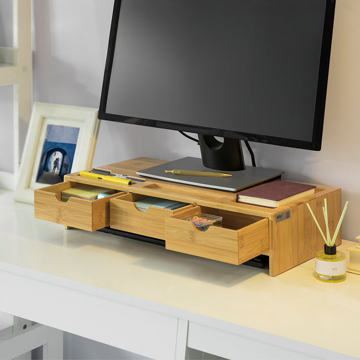 SoBuy | Rialzo per monitor | Supporto per monitor con 3 cassetti | Bambù | BBF03-N