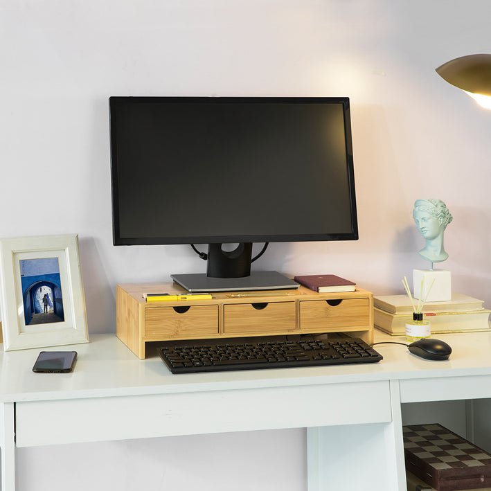 SoBuy | Rialzo per monitor | Supporto per monitor con 3 cassetti | Bambù | BBF03-N