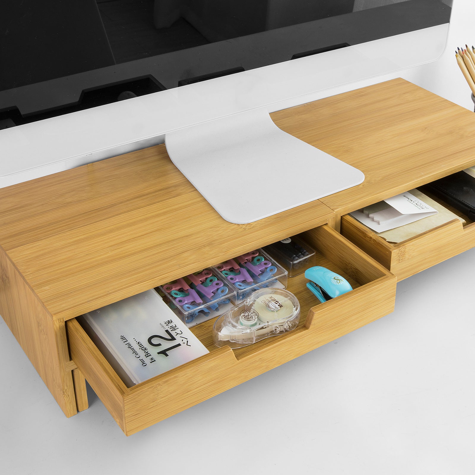 SoBuy | Design Monitorerhöhung für 2 Monitore | Monitorständer mit 2 Schubladen | Bambus | BBF04-N