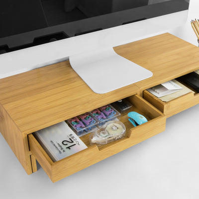 SoBuy | Design Monitorerhöhung für 2 Monitore | Monitorständer mit 2 Schubladen | Bambus | BBF04-N