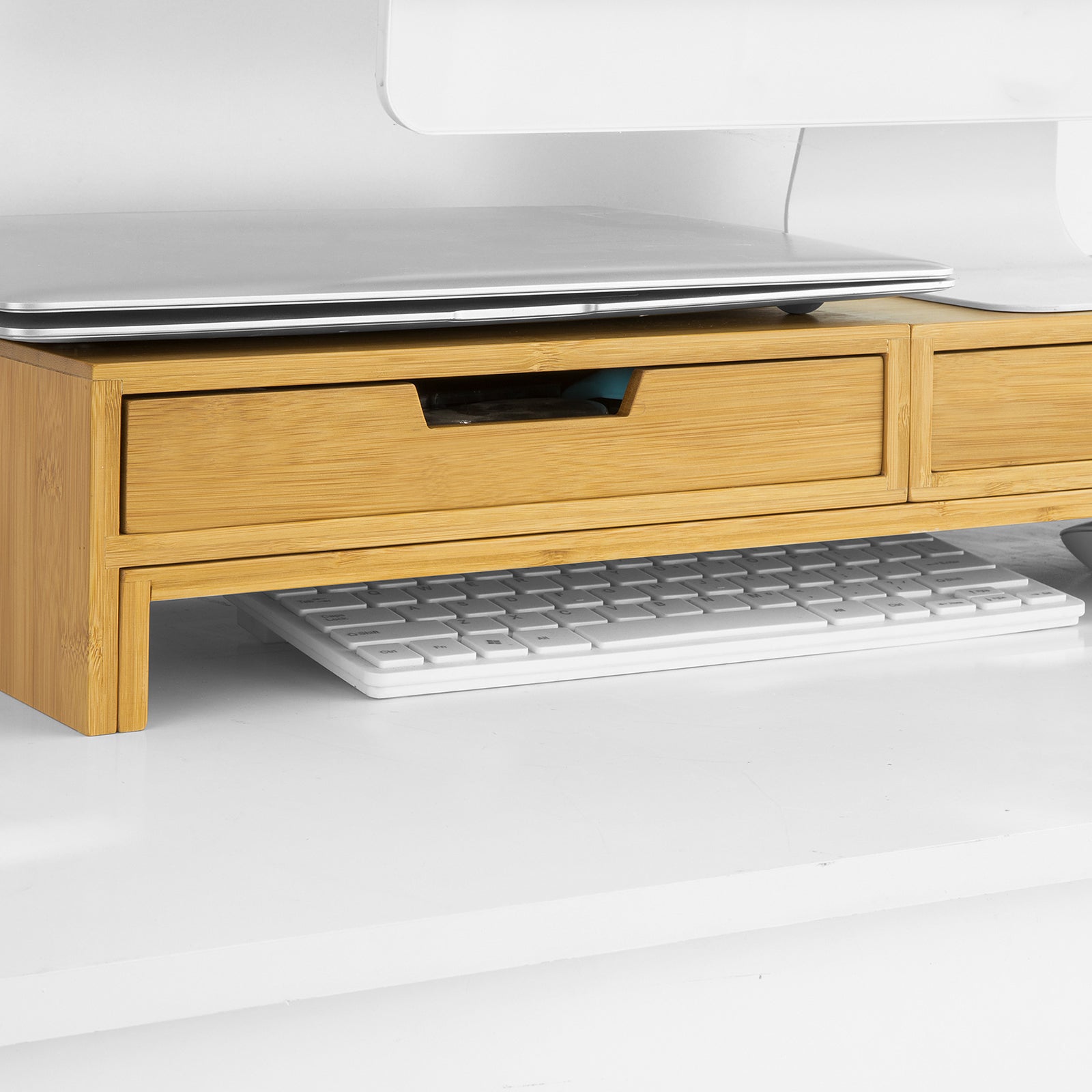 SoBuy | Design Monitorerhöhung für 2 Monitore | Monitorständer mit 2 Schubladen | Bambus | BBF04-N