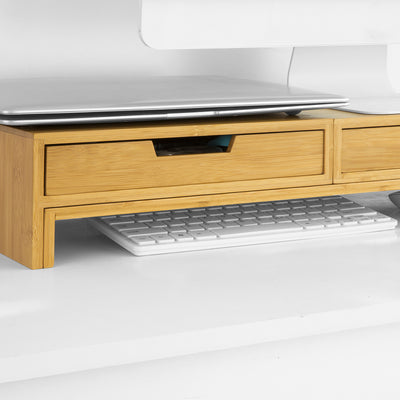 SoBuy | Design Monitorerhöhung für 2 Monitore | Monitorständer mit 2 Schubladen | Bambus | BBF04-N