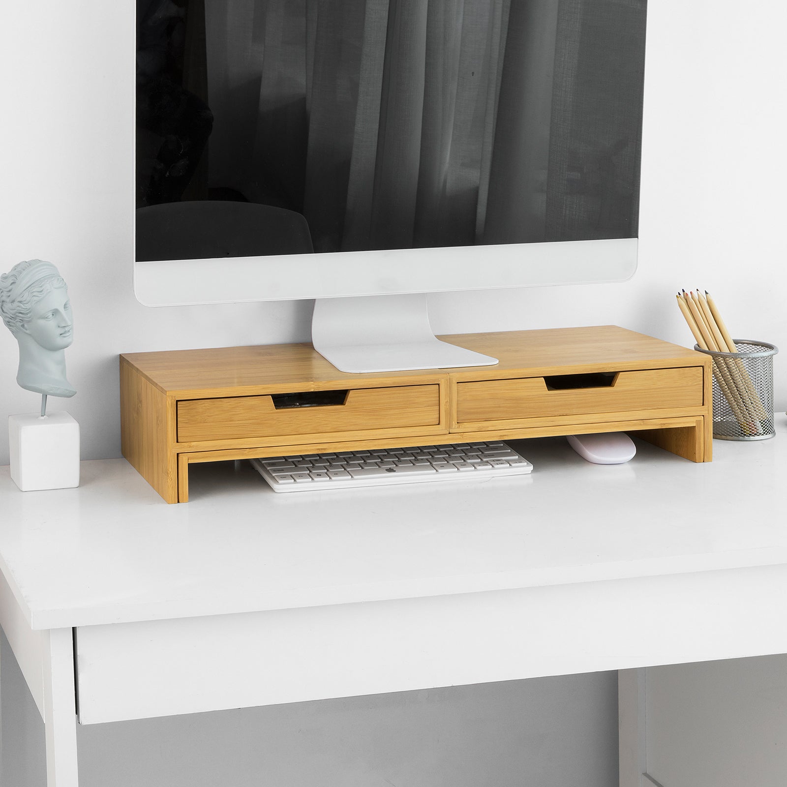 SoBuy | Design Monitorerhöhung für 2 Monitore | Monitorständer mit 2 Schubladen | Bambus | BBF04-N