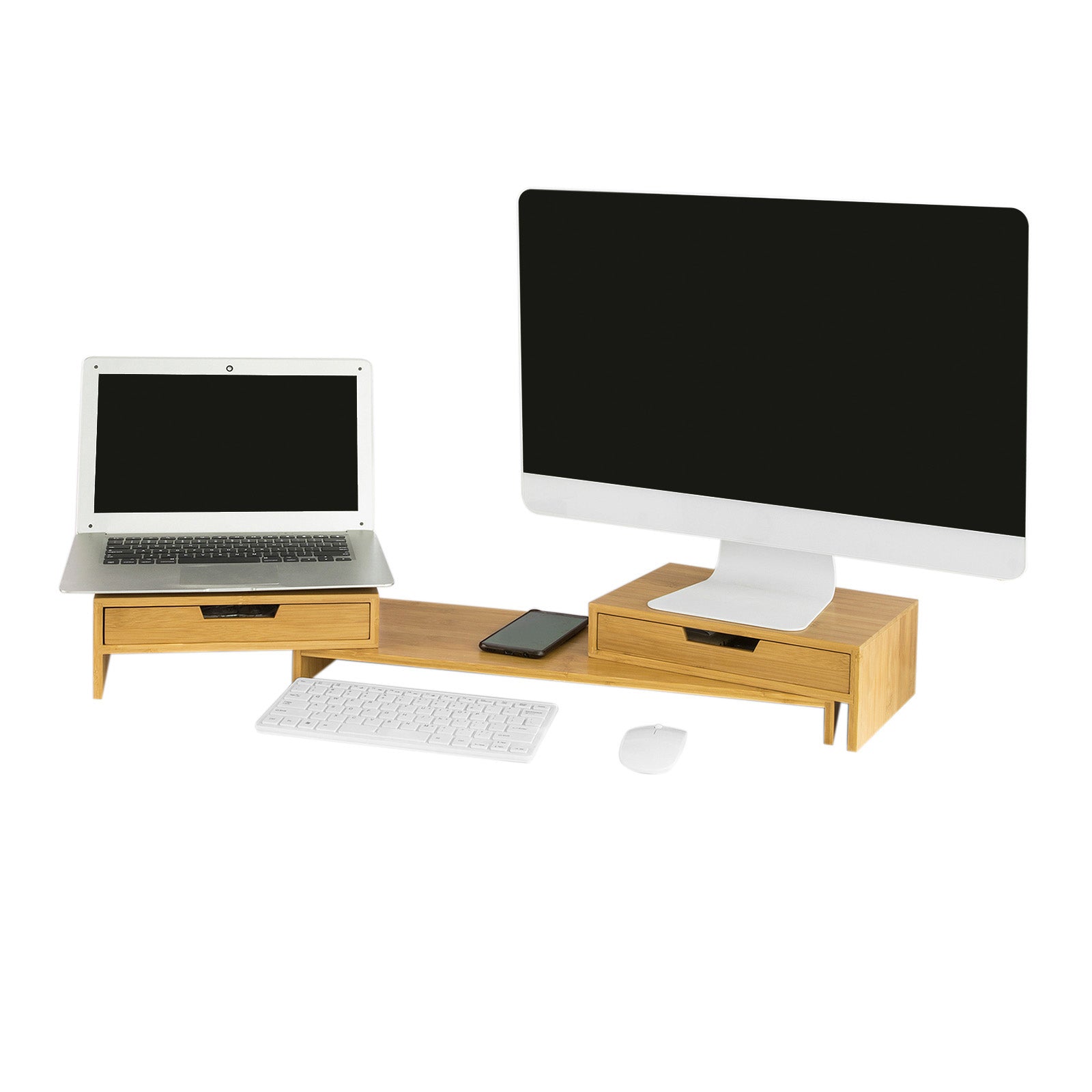 SoBuy | Design Monitorerhöhung für 2 Monitore | Monitorständer mit 2 Schubladen | Bambus | BBF04-N