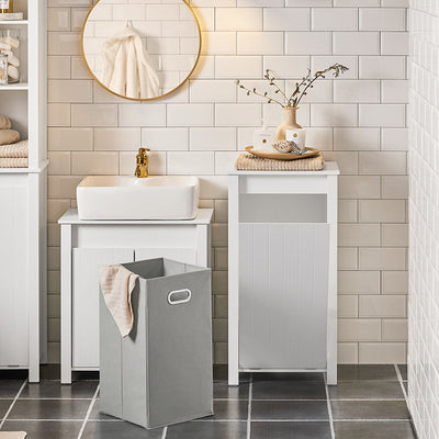 SoBuy | Mobile lavanderia con sacco portabiancheria pieghevole | Mobile da bagno salvaspazio | Cesto portabiancheria | Bianco | BZR100-W