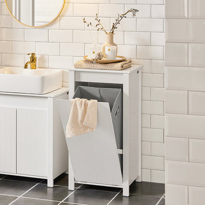 SoBuy | Mobile lavanderia con sacco portabiancheria pieghevole | Mobile da bagno salvaspazio | Cesto portabiancheria | Bianco | BZR100-W