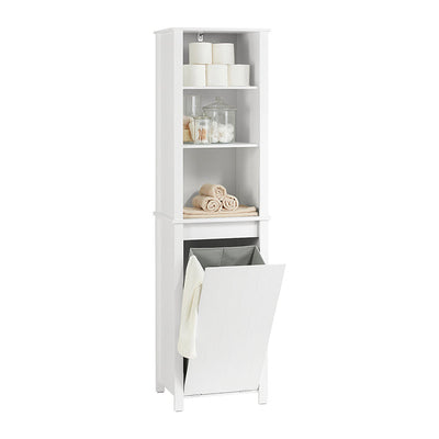 SoBuy | Armadietto alto con cesto portabiancheria a scomparsa | Armadietto stretto per la biancheria | Scaffale da bagno | Bianco | BZR102-W