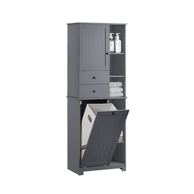SoBuy | Colonna bagno con cesto portabiancheria | Mobiletto da bagno | Armadietto da bagno | Scaffale da bagno | Grigio scuro | BZR104-DG