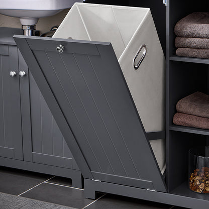 SoBuy | Armoire haute avec sac à linge | Meuble de salle de bain | Armoire à linge | Étagère de salle de bain | Gris foncé | BZR104-DG 