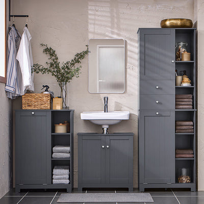 SoBuy | Colonna bagno con cesto portabiancheria | Mobiletto da bagno | Armadietto da bagno | Scaffale da bagno | Grigio scuro | BZR104-DG
