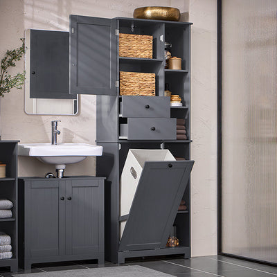 SoBuy | Colonna bagno con cesto portabiancheria | Mobiletto da bagno | Armadietto da bagno | Scaffale da bagno | Grigio scuro | BZR104-DG