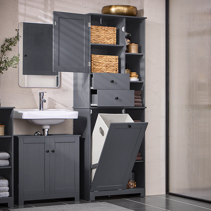 SoBuy | Colonna bagno con cesto portabiancheria | Mobiletto da bagno | Armadietto da bagno | Scaffale da bagno | Grigio scuro | BZR104-DG