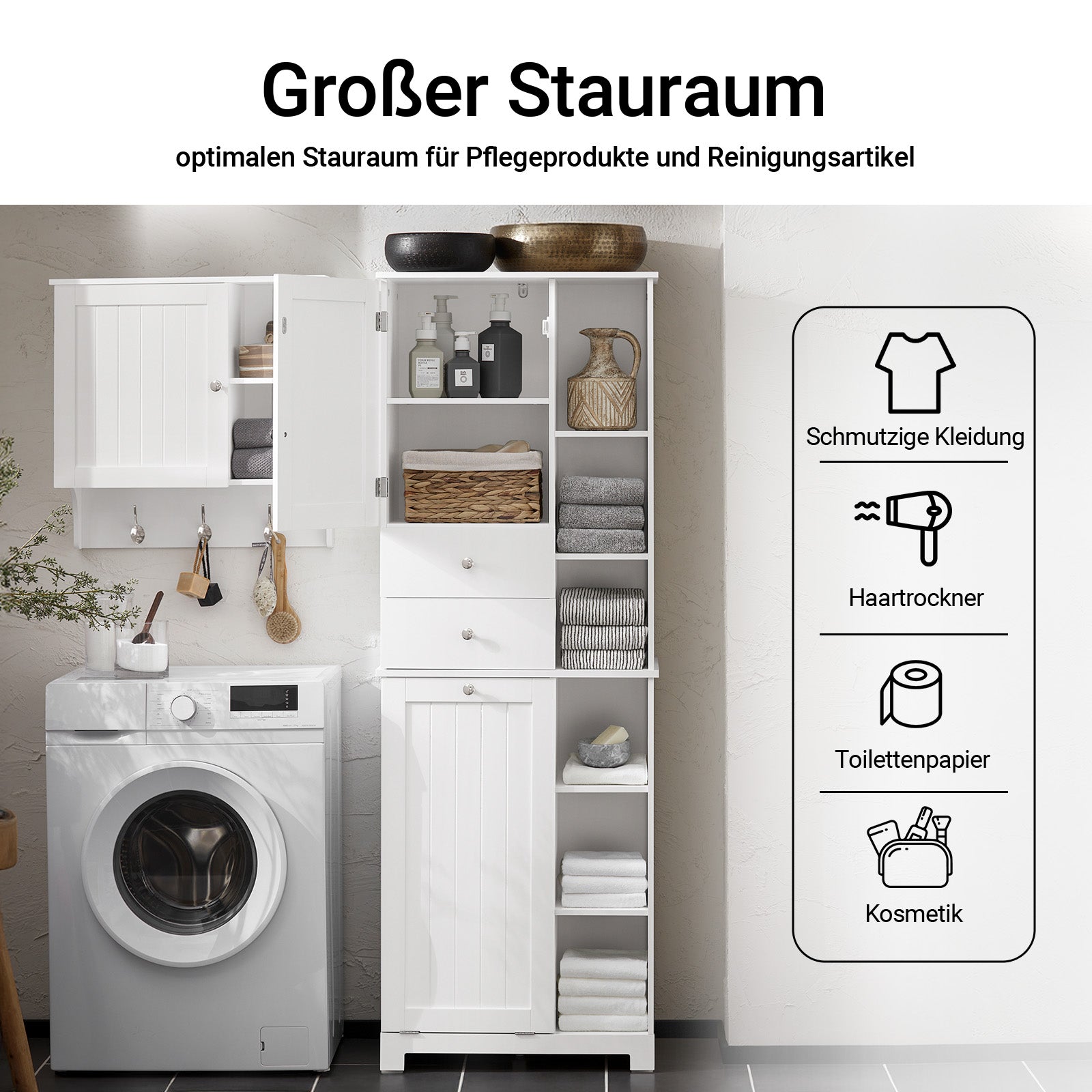 SoBuy | Armadietto alto | con cesto portabiancheria estraibile | Mobiletto bagno | Scaffale da bagno | Bianco | BZR104-W