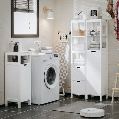 SoBuy | Armadietto alto con sacco portabiancheria | Armadietto da bagno | Mobile portabiancheria | Scaffale da bagno | Bianco | BZR123-W